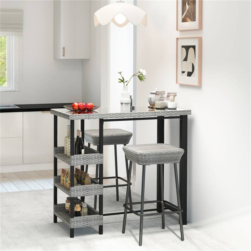 Courtyard Patio Bar Table with PE Rattan and 3 Storage Shelves - 43.5" x 22" x 41"