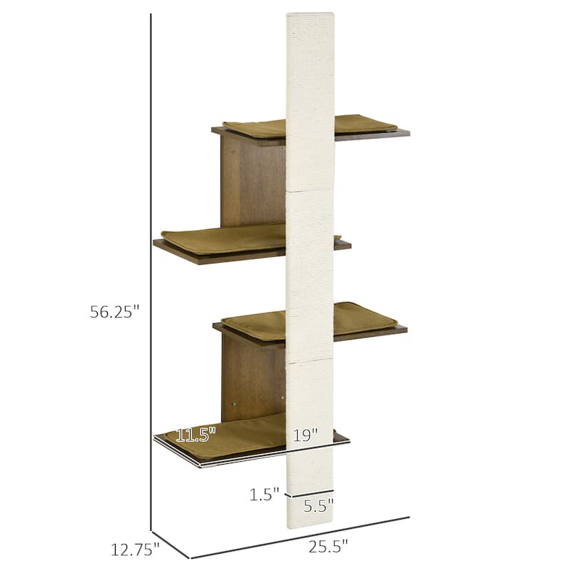 PawHut Wall-Mounted Cat Tree, 4-Layer Cat Wall Shelves Furniture with Scratching Board