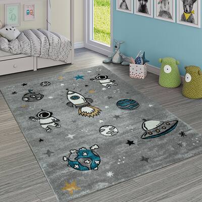Space Rug for Kids Room with Astronaut Planets & Rockets in Grey