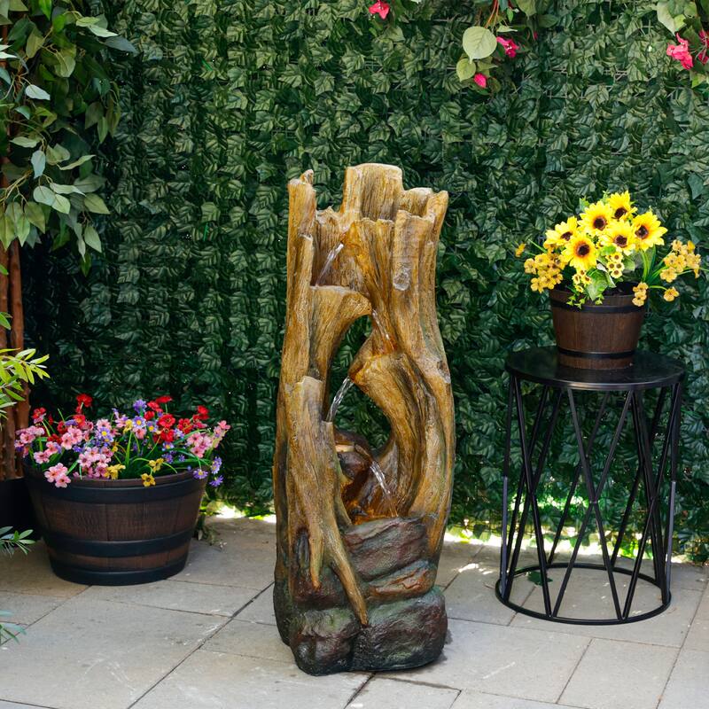 40" Tree Trunks Fountain w/ LED, Outdoor Feature, Brown