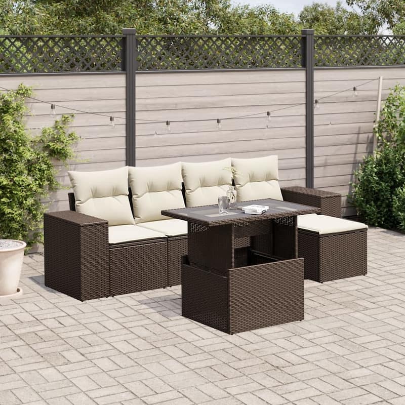 vidaXL Patio Sofa Set with Cushions Outdoor Furniture 6 Piece Poly Rattan - 21.7 x 39.4 x 28.7 - Brown and Cream-without storage