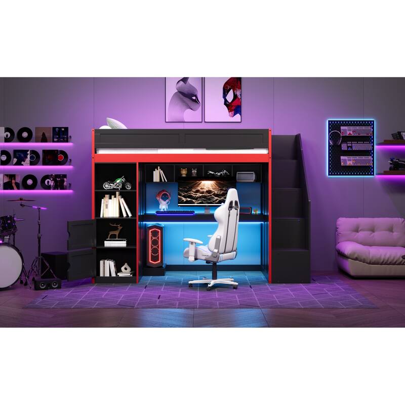 Roomfitters Twin/Full Gaming Loft Bed with Desk, Storage Locker and LED Lights, Black