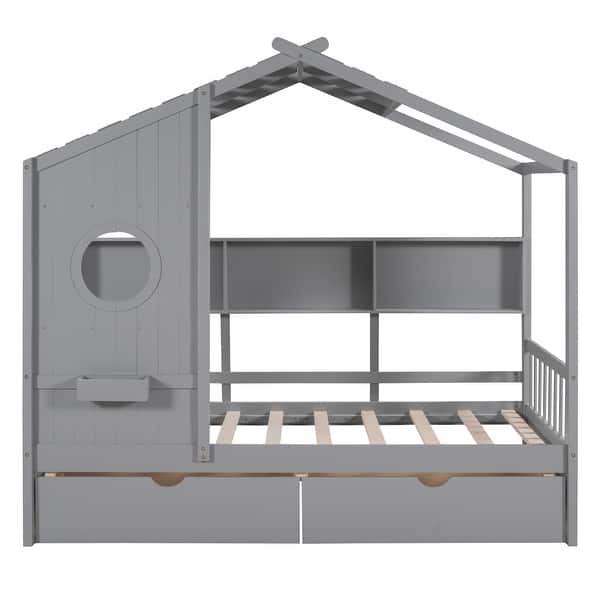 slide 2 of 26, Twin Wooden House Bed with Roof, Drawers, and Storage Shelf Gray