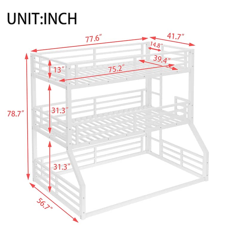 GDFStudio - Fillip Metal Triple Bunk Bed with Guardrails & Noise-Reduced Heavy-Duty Frame