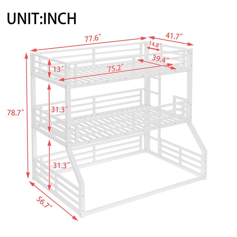 Roomfitters Twin over Twin over Full Metal Triple Bunk Bed with Safety Guardrails, Heavy-Duty Noise-Reduced Frame