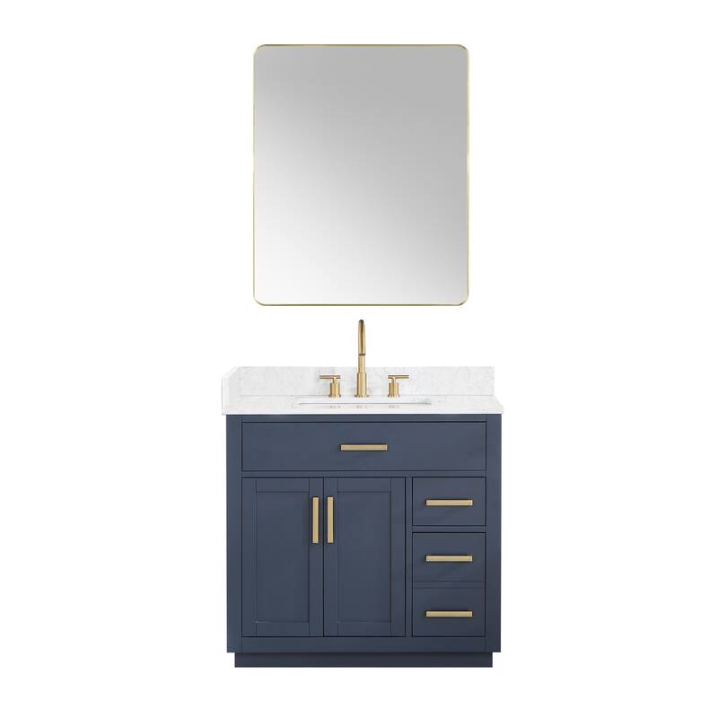 Altair Gavino Bath Vanity with Grain White Composite Stone Top and Mirror - 36 inch - Royal Blue+Brushed Gold