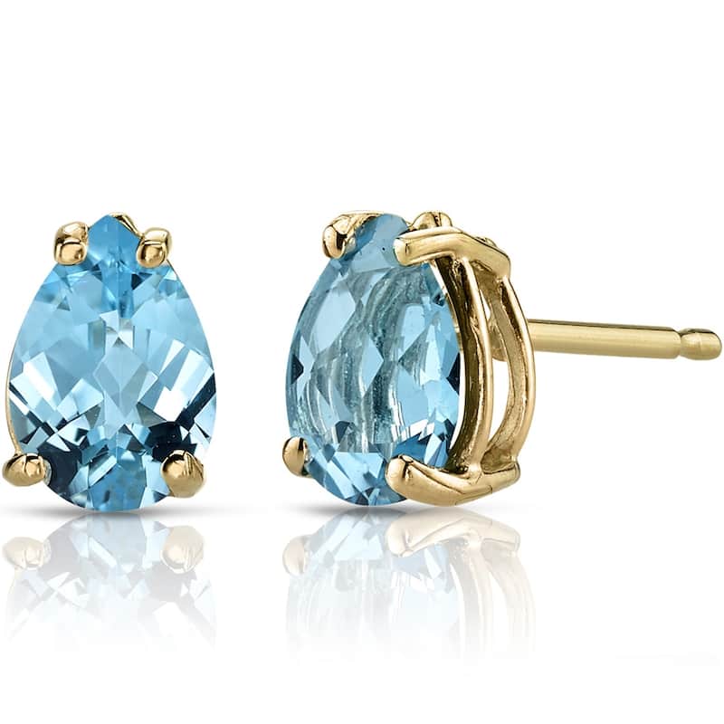 14k Yellow Gold Swiss Blue Topaz Stud Earrings 1.53 ct Pear Shape