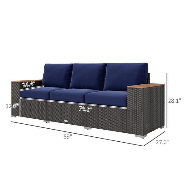 dimension image slide 2 of 3, Outsunny 3-Seat Patio Sofa with Cushions, PE Rattan Outdoor Couch with Wood Grain Wide Armrests for Porch