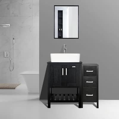 36" Bathroom Vanity Set Tempered Glass Ceramics Vessel Sink With Side Cabinet Combo