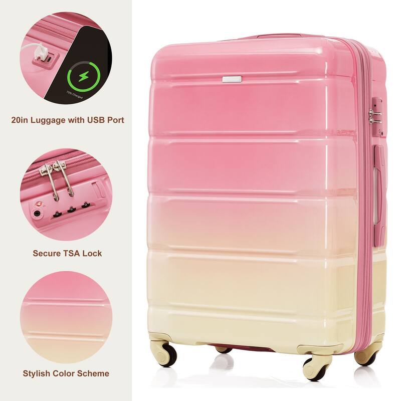 3-Piece, 20-Inch Modern Hard Shell Luggage with USB Port and Spinner Wheels, for Boarding Travel, Pink