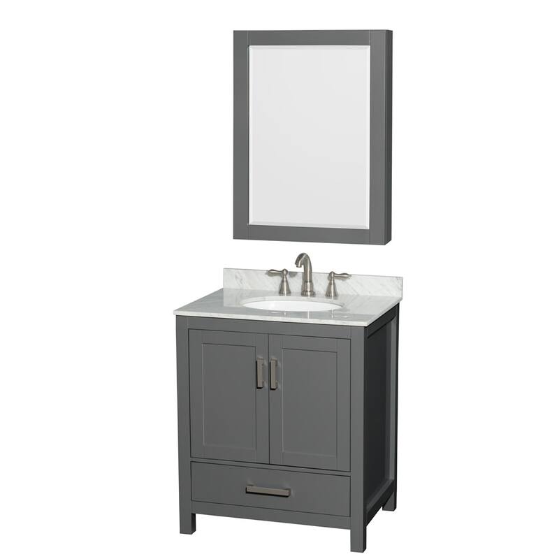 Wyndham Collection WCS141430SUNOMED Sheffield 30" Free Standing Single - Dark Gray / White Carrara Marble Top / Brushed - Steel Finish
