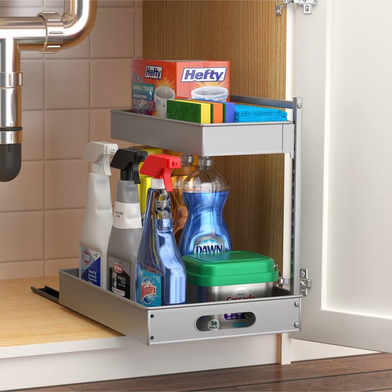 Sorbus Under Sink Organizer with Sliding Tracks and Adhesive Tape, 2-Tier Metal Pull Out Storage Rack - 1 Pack - Silver