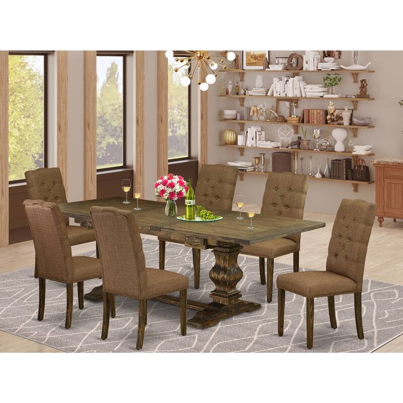 7-Piece Dining Table Set with Linen Fabric Chairs - Distressed Jacobean Finish Kitchen Table Set - 92