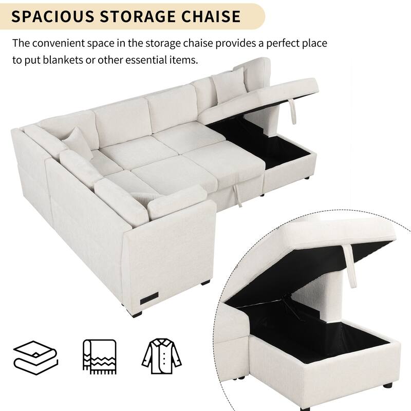 108.6" Chenille U-Shaped Sectional Sofa Bed with USB Ports, Storage Chaise, and 3 Back Pillows