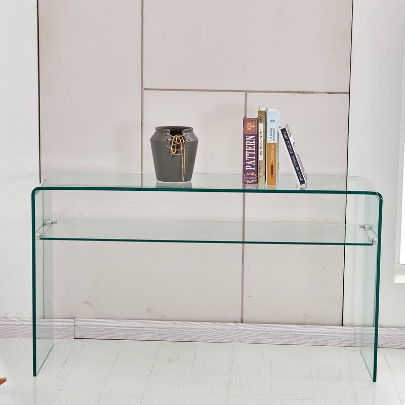 Modern Tempered Glass Console Table - Rounded Edge Sofa Accent‌ - Clear