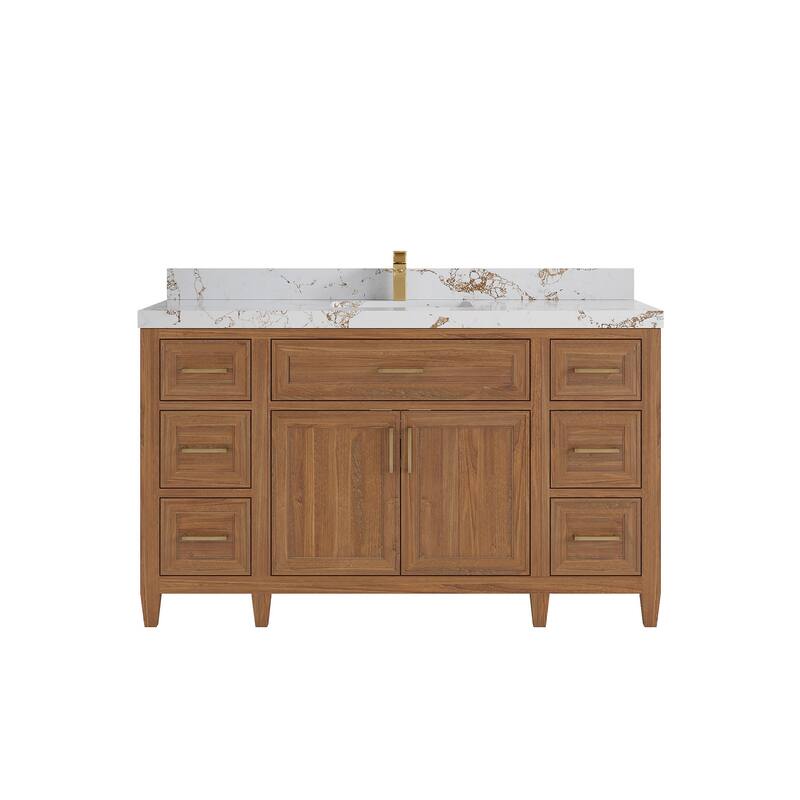 Willow Collections 60 in. W x 22 in. D Santa Monica Teak Single Sink Bathroom Vanity with Countertop - 2"Viola Gold - Dark Natural