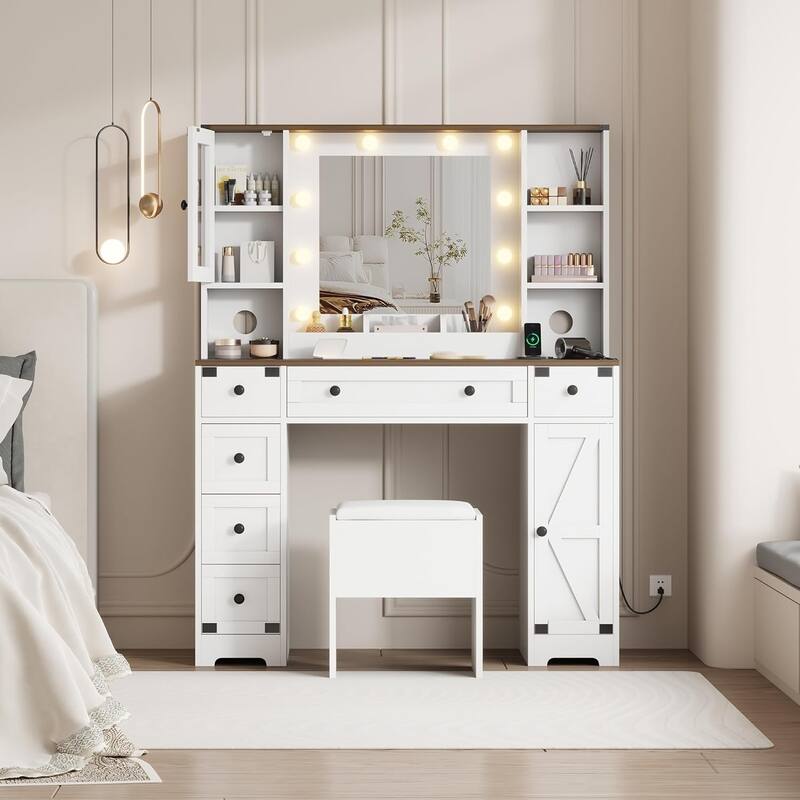 Makeup Vanity Table with 6 Drawers and 2 Cabinets,Vanity Table with Mirror and Lights