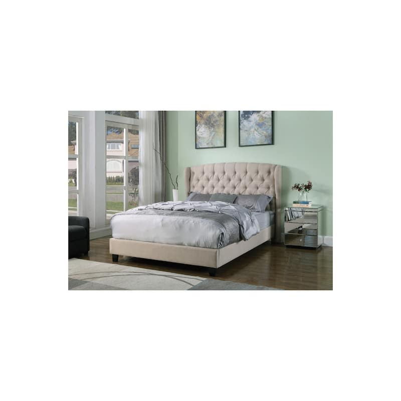 Linen Blend Platform Bed - Eastern King - Beige Tufted Design - No Box Spring Needed
