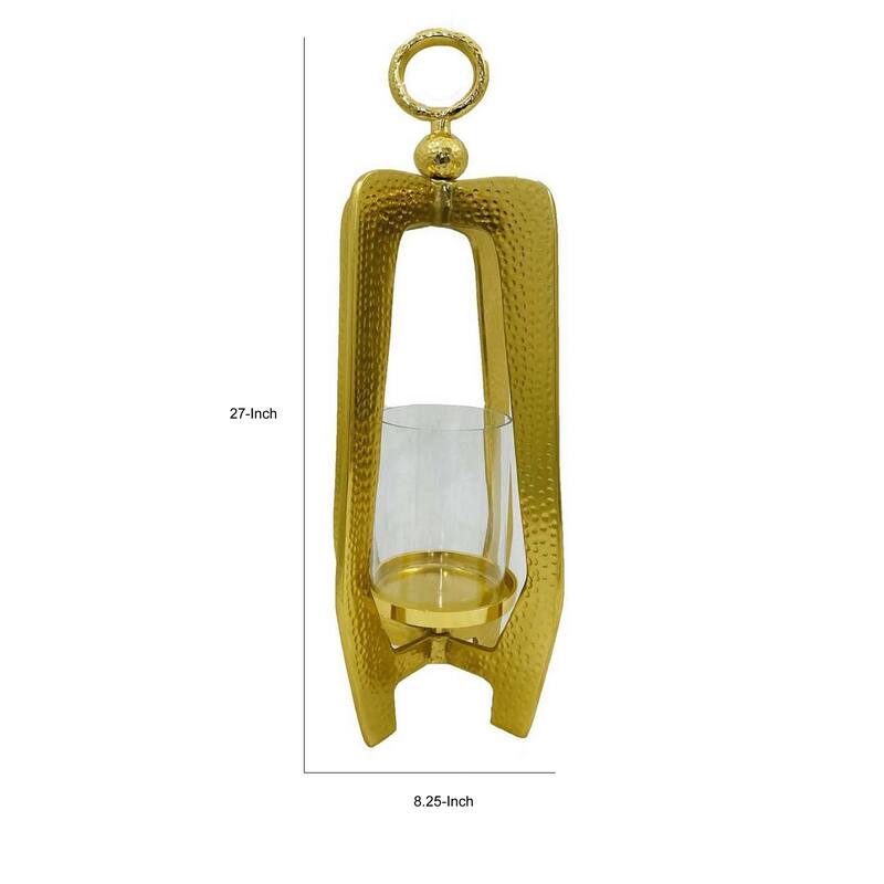 Dolk 27 Inch Tabletop Lantern, Antique Shape, Glass Body, Gold Metal Frame
