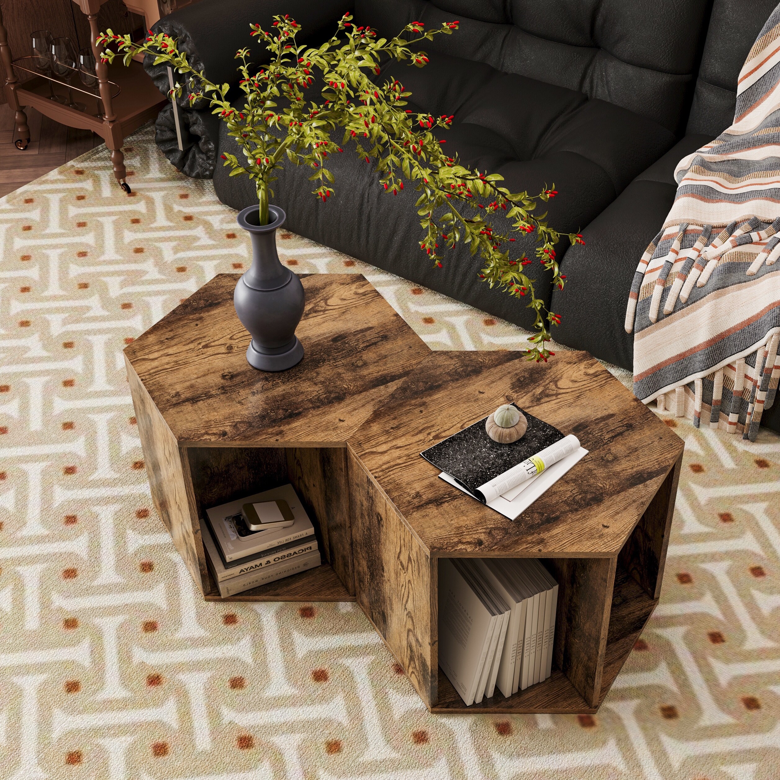 47.24 Hexagonal Coffee Table Side Table Nightstand Antique Wood 2PCS Bed Bath Beyond 40492558