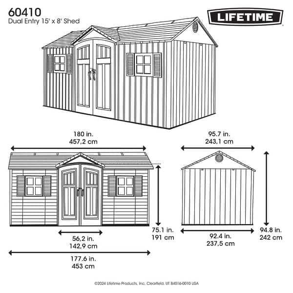 dimension image slide 0 of 2, Lifetime Dual Entry 15 Ft x 8 Ft Shed