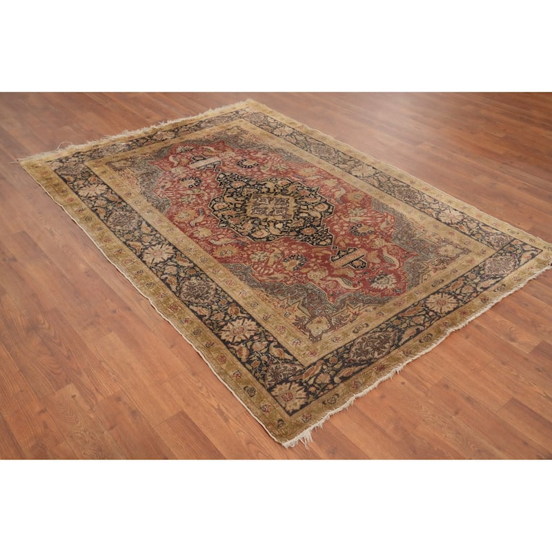 Hand Knotted Traditional Silk Orange Geometric Area Rug - 5' 9'' X 4' 2''