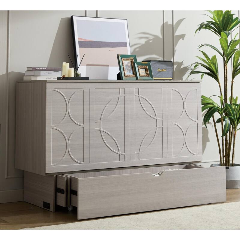 Queen Size Murphy Bed Cabinet with Storage Drawer, Folding Foam Mattress, USB & AC Charging Ports, and Smooth Glide Mechanism
