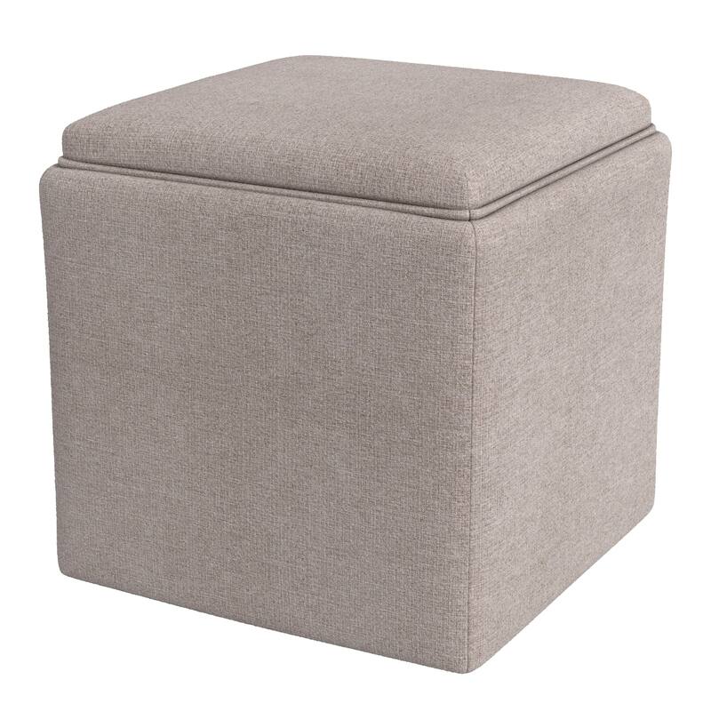 Soa Storage Ottoman, 18 Inch Square Tray Top, Light Brown Woven Fabric