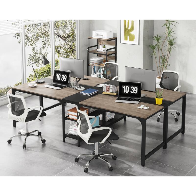 2 Person Double Computer Desk with Storage Shelves