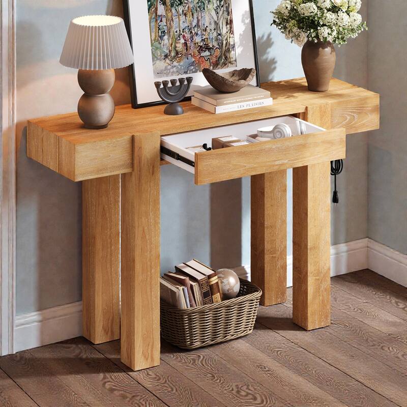 Rustic Minimalist Console Table with Hidden Drawer & Power Outlet, Solid Wood Entryway Table for Living Room & Home Office