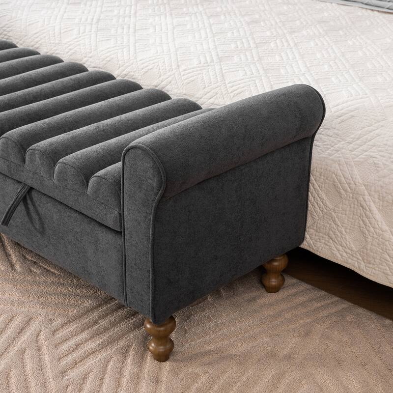 odern Upholstered Storage Bench , Napped fabric Bed End Foot Stool With Rolled Armrest