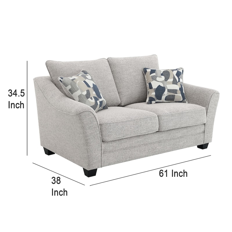 Kito Loveseat, 61 Inch Modern Light Gray Fabric, 2 Accent Pillows