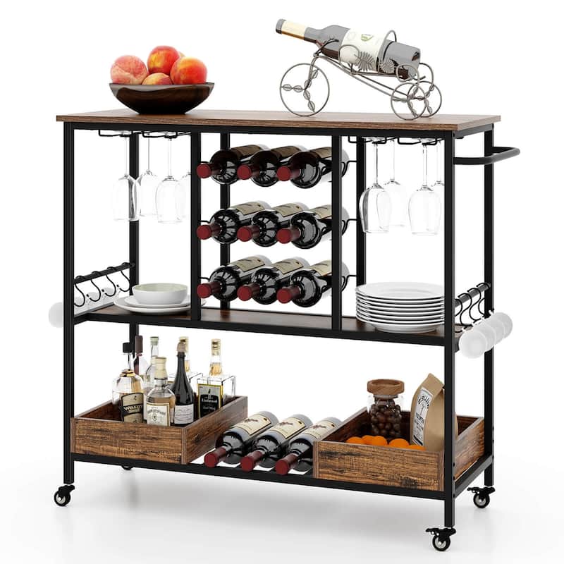 Costway 3 Tiers Bar Cart Home Serving Cart on Wheels with Glass Racks - See Details - Rustic Brown