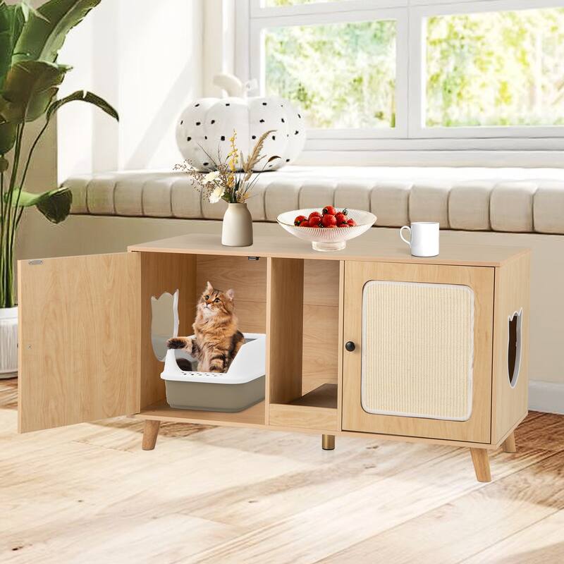 Gymax 43'' Cat Litter Box Enclosure for 2 Cats w/ Double Rooms 2 Sisal