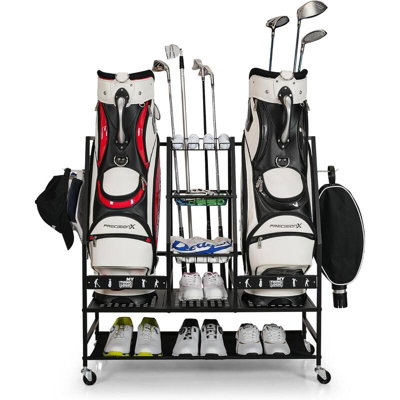 2 Golf Bag Stand Rolling Storage Rack for Clubs Shoes and Accessories