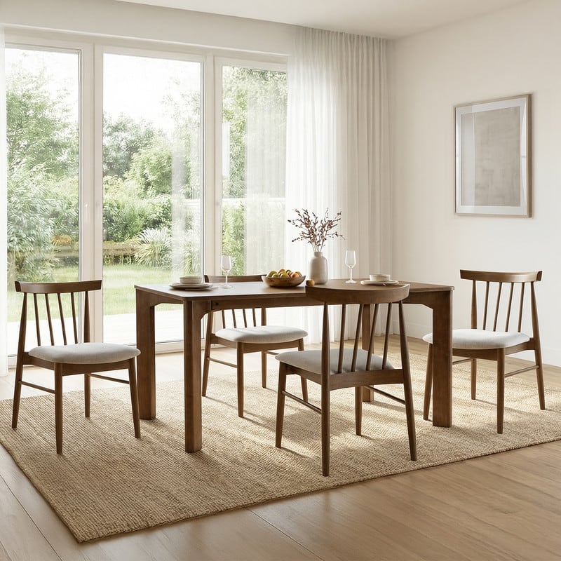 Spruce & Spring Windsor Spindle Back Upholstered Dining Chair with Solid Wood Frame - Set of 4 - Silver Grey