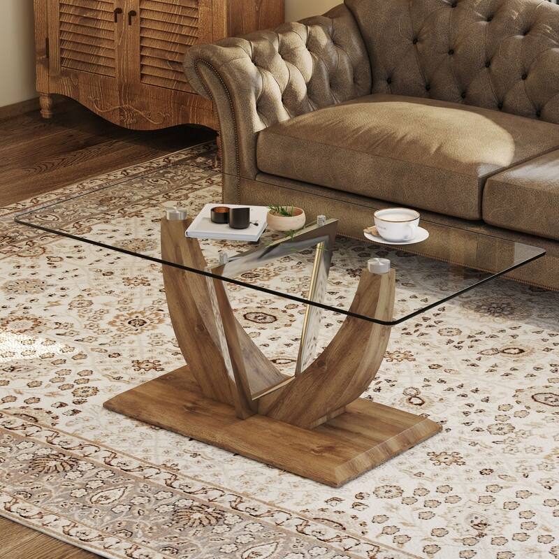 43.3" Length Transparent Tempered Glass Coffee Table with Wooden Legs - Brown
