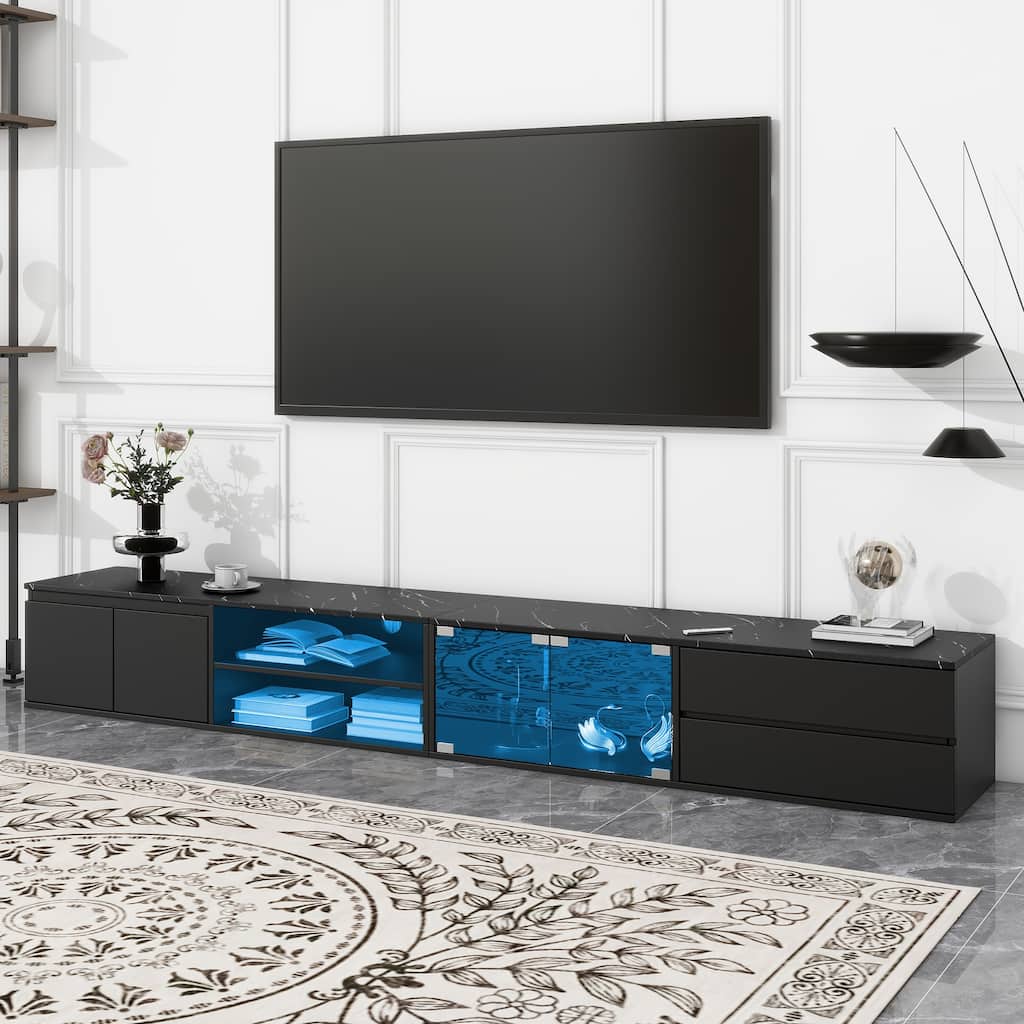 LED TV Stand for TVs Up to 105'', Faux Marble Tabletop TV Console with Glass Doors, Media Center with 2 Drawers & Cabinets