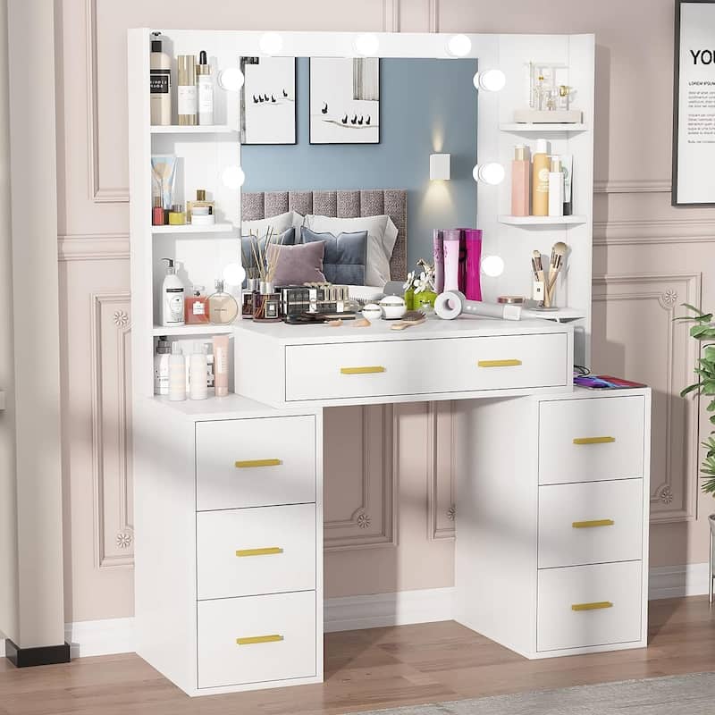 43'' Makeup Vanity with 3 Color Light, Charging Station, Storage Shelves, 7 Drawers