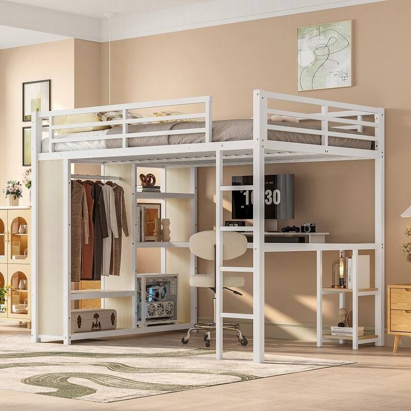 Queen Size Loft Bed Frame with Built-in Wardrobe,Desk and Storage Shelves