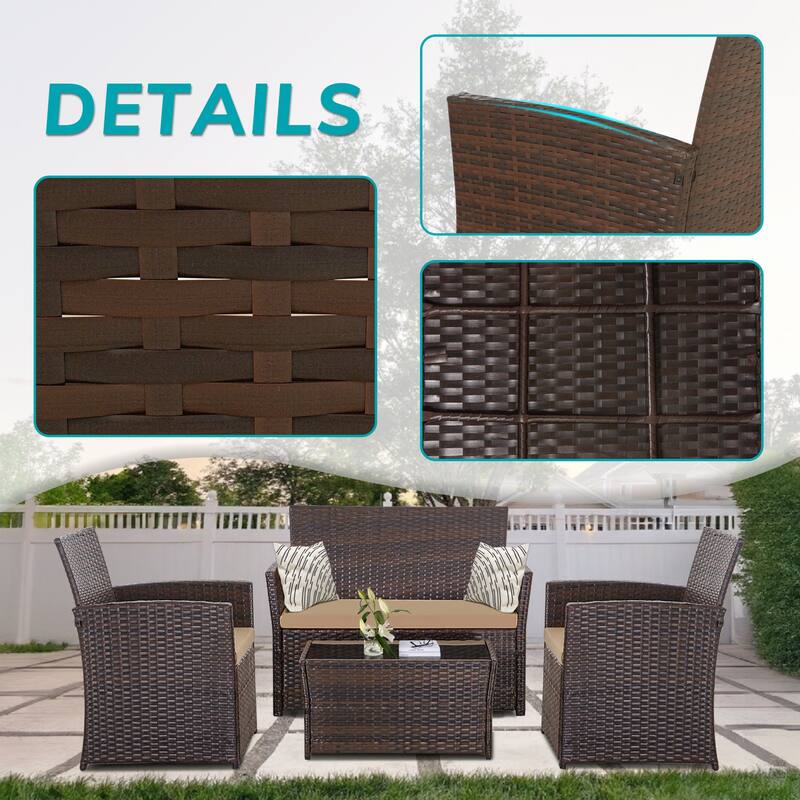 4 PCS Wicker Patio Conversation Set Rattan Seating Sofa Chair