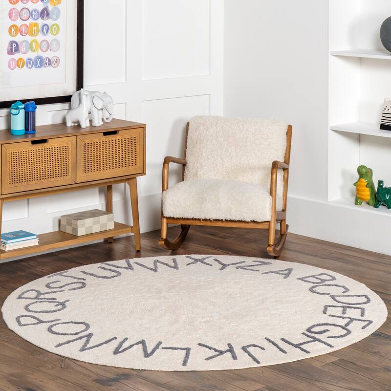 Nuloom Alphabet SpinClean Washable Round Rug - 4' Round - Grey - Round