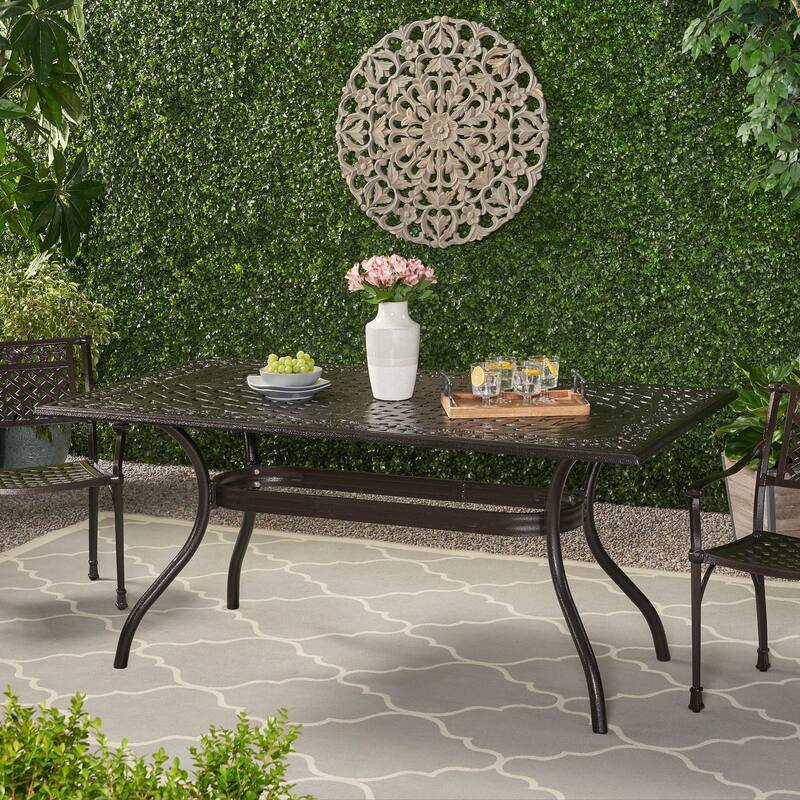 Roomfitters Outdoor Patio Dining Table with Lattice Top and Curved Legs, Cast Aluminum Design for Garden or Deck