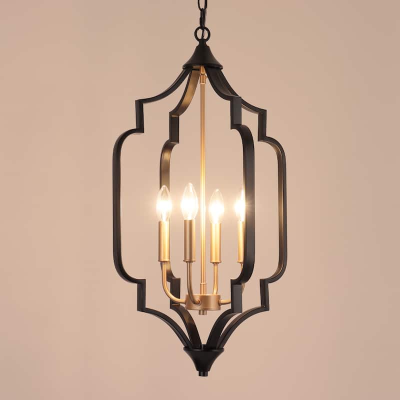 Modern 4-Light Black Gold Chandelier Metal Cage Candle Pendant Lights for Dining Room - 15" L x 15" W x 27" H