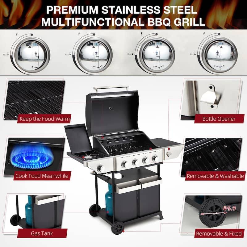 Outdoor BBQ Gas Grill - 58K BTU, Stainless Steel, with Stove & Side Table, perfect for camping, picnics, and gatherings