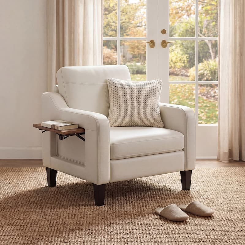 Modern Accent Chair with Wooden Armrest Comfortable Single Sofa Armchair for Living Room Bedroom Reading - Beige