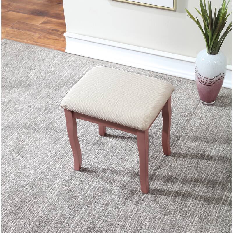 Wooden Vanity Table and Upholstered Stool Set, with 3-Panel Mirror and Ample Storage Drawers