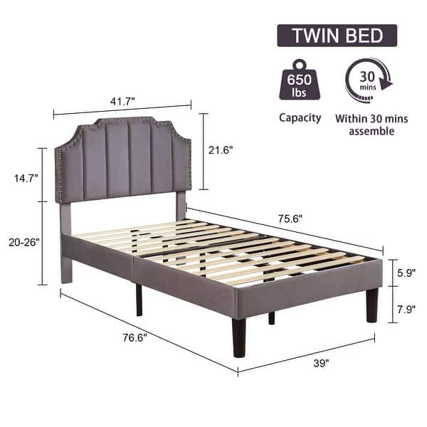 dimension image slide 3 of 4, VECELO Double Twin Bed Set 41"-47" Adjustable Height Platform Bed with Nailhead Trim 7.8" Underbed Storage No Box Spring Needed