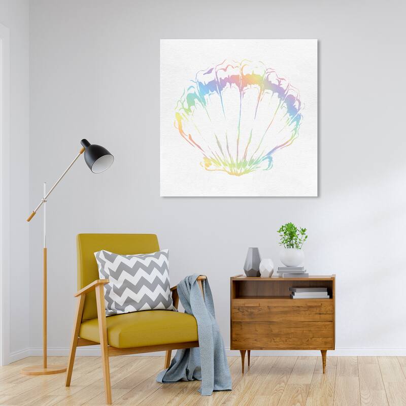 Wynwood Studio Canvas Nautical and Coastal Holographic Seashell White and Magenta Nautical & Coastal Wall Art Canvas Print - 30 x 30