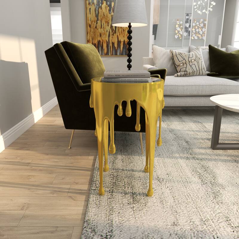 Aluminum Metal Accent, Console, and Coffee Table Collection with Drip Melting Design and Smoke Shaded Glass Top Multiple Colors